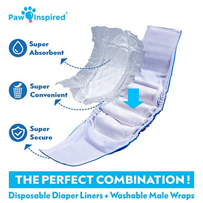 Paw Inspired Reusable, Washable Belly Bands for Male Dogs (X-Small, 3 Count) with Disposable Diaper Liner Inserts (30 Count)
