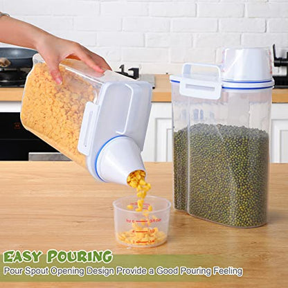 Cereal Containers Set 4 Pcs Airtight Food Storage Container with Measuring Cup Dispenser Plastic Storage Containers with Lids for Rice Oatmeal Flour Grain & Pet Cat Dog Food Container, 2.5 L - color: Blue