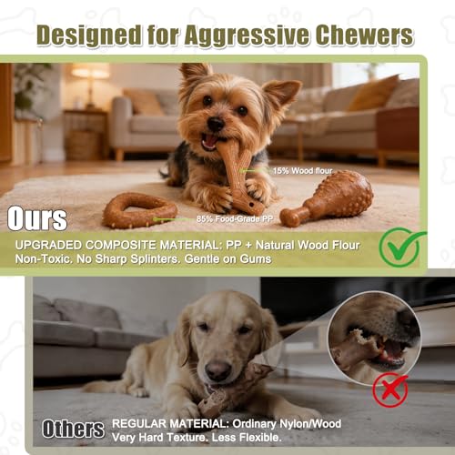 SCHITEC Dog Toys for Aggressive Chewers, 3 Pack Nylon & Wood Dog Chew Toy, Tough Chew Bone for Puppy Small Medium Dogs, Indestructible Teething Dog Toy, Chicken Flavor (Small) - style: Small