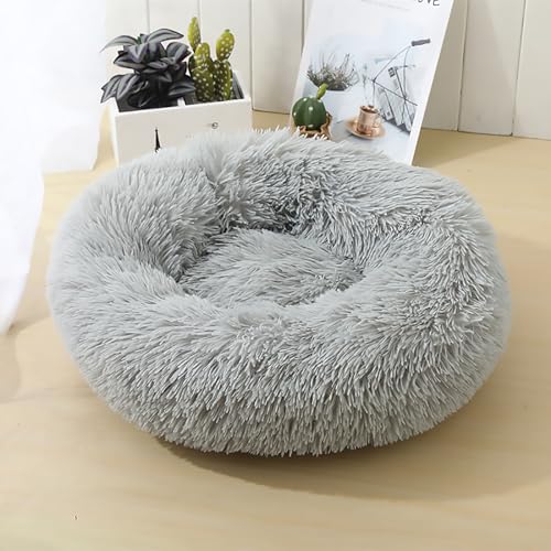 Calming Dog Bed for Small Dogs, Calming Donut Cuddler Pet Bed Anti Anxiety Round Dog Bed Fluffy Plush Faux Fur Cat Bed,Gradient Grey,19.7IN - color: Gradient Grey, size: 19.7IN