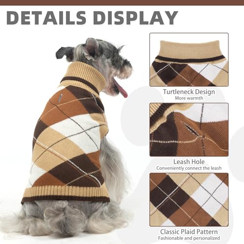 KOOLTAIL Dog Sweater Pet Knitted Clothes - Classic Plaid Pullover Turtleneck Thick Warm Fall Dog Sweaters with Leash Hole, Soft Winter Coats for Small Medium Large Dogs Cats Puppy Girls Boys, S - color: Khaki, size: Small