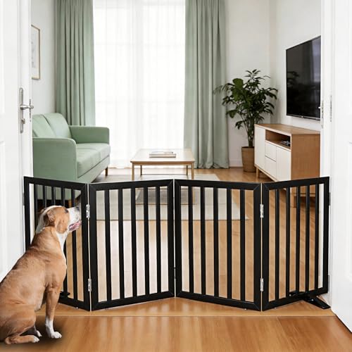 ZJSF Freestanding Indoor Dog Gate for House Foldable Wood Puppy Gate for Doorways Pet Gate for Stairs Extra Wide Pet Fence, Black, 24" Height 4 Panels - color: Black, size: 【4 Panels】80''w x 24''h