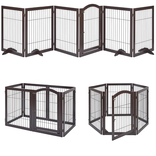 unipaws 144" Extra Wide Dog Gate and Pet Playpen, Free Standing Tall Dog Fence with Walk Through Door, Barriers for Home, Use as Indoor Cats Pen, Rabbit Pen, Espresso - color: Espresso, size: 144"W×31.5"H