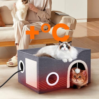 Indoor Heated Cat House, Adjustable Temperature Cat Heating Bed with Timer and Chew Resistant Cord, Large Cat House with Heating Pad for Small Medium and Large Cats - style: With heating pad