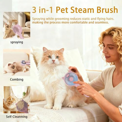 Pet Steam Brush for Cats & Dogs ，3-in-1 Pet Grooming Comb，Reduces Shedding, Soft Bristles, Promotes Healthy Coat-Comes - Includes Waterless Shampoo，Pink - color: Pink