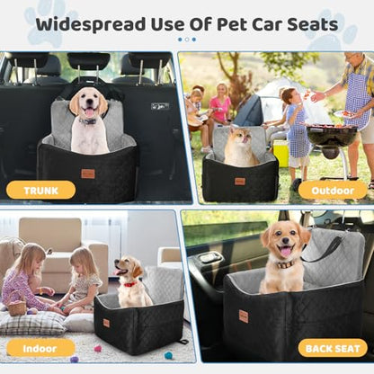 Dog Car Seat for Small Medium Dogs Up to 40 lbs – Dog Booster Seat with 6-Inch Memory Foam, Pet Car Seat with Removable Washable Cover, 3 Safety Belts & 2 Storage Bags (Black/Gray)