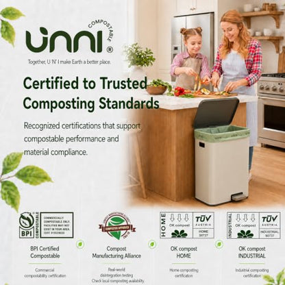 UNNI Compostable Trash Bags, 8 Gallon / 30 Liter, 200 Count Value Pack, Extra Thick 0.85 mil Medium Kitchen Food Scrap Bin Liners, BPI, CMA & OK compost HOME Certified (Meets ASTM D6400) - size: 200 Count (Pack of 1), style: 8 Gallon