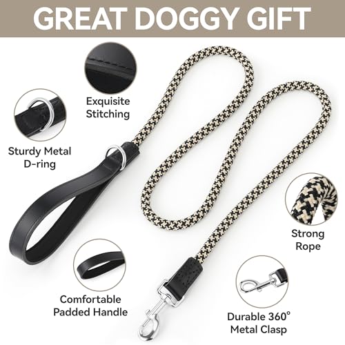 Mile High Life Leather Handle Dog Leash 6 FT/5 FT/4 FT, Soft Padded Handle Rope Leashes for Medium & Large Dogs Walking and Training (Black Khaki, 48 Inch) - color: Leather Handle-Black, size: 48 Inch-1/2"