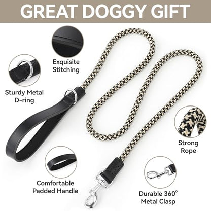 Mile High Life Leather Handle Dog Leash 6 FT/5 FT/4 FT, Soft Padded Handle Rope Leashes for Medium & Large Dogs Walking and Training (Black Khaki, 48 Inch) - color: Leather Handle-Black, size: 48 Inch-1/2"