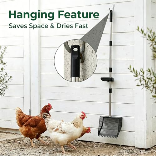 TOOGE Large Chicken Poop Scooper: 2-in-1 Metal Pooper Scooper & Rake Adjustable 62" Long Handle Stainless Steel Sand Sifting Litter Shovel Chicken Coop Scoop Cleaning for Bedding Goats Farm Yard Black - color: Black