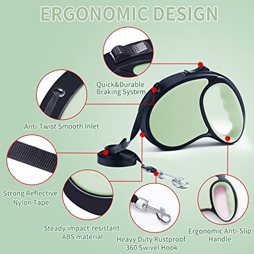 Retractable Dog Leash,[Strong Nylon Tape][One-Handed One Button Lock] for Small Medium Dogs and Cats,16ft Pet Walking Leash with 360°Tangle-Free Design,Anti-Slip Handle,Gift Package (Light Green) - color: Light Green
