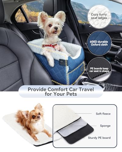 PETSFIT Center Console Dog Car Seat with Safe Protection Hooks, Pet Car Seat with Upgraded Safety Tethers, Washable Cushion, Console Dog Car Seats for Small Dogs Up to 8 Lbs(Blue) - color: Blue