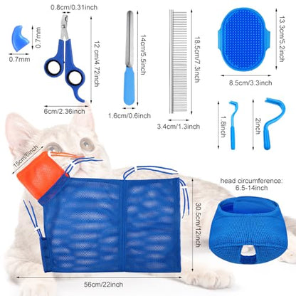 9 Pcs Cat Bathing Bag Set Cat Shower Bag Anti Bite and Scratch for Pet Grooming Washing Brush Comb Muzzle Nail Clipper Nail File Tick Tool (Navy Blue) - color: Navy Blue