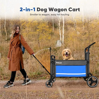 Petbobi Dog Wagon Stroller for Large & Medium Dogs, 2-in-1 Push Pull Pet Cart with Ramp, Foldable Wagon, 360° Swivel Wheels, Adjustable Handles, Safety Leashes, Blue - color: Blue