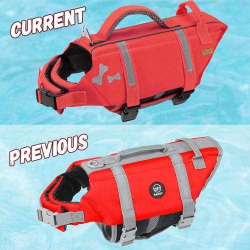 EMUST Dog Life Vests, Adjustable XS Dog Life Jacket with Rescue Handle, Puppy Flotation Vest for Small/Medium/Large Dogs, XS, Red - color: NewRed, size: XS