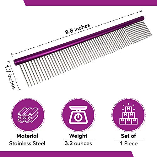 Dog Combs for Grooming Matting, 10-Inch Metal Comb for Dogs and Cats, Greyhound Grooming Comb with Fine and Wide Rounded Stainless Steel Teeth for Detangling Medium to Coarse Fur - size: 10"