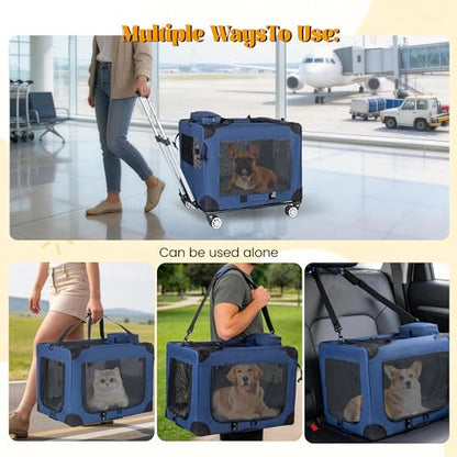 Large Foldable Rolling Dog Carrier,3-Doors Cat Carrier with Detachable Wheels,Pet Rolling Bag 24"x17"x17" for Large Cats, Medium & Small Dogs, Detachable for Travel,Vet Visits,Outdoor Walks (24 inch) - size: 24 inch