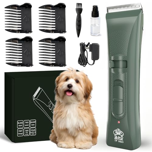 Tife Low Noise Dog Clipper – Cordless Pet Grooming Kit with Rechargeable Battery, Quiet Electric Hair Trimmer for Thick Coats, Adjustable Blade Pet Shaver for Dogs & Cats (Green) - color: Green