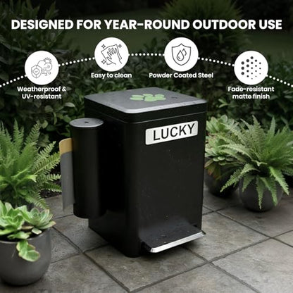 Dog Poop Trash Can Outside, 6L Metal Outdoor Dog Waste Bin with Lid & Soft Close Pedal, Pet Waste Container with Charcoal Filter, Removable Inner Bucket, Bag Holder, Stickers & Custom Name Plate