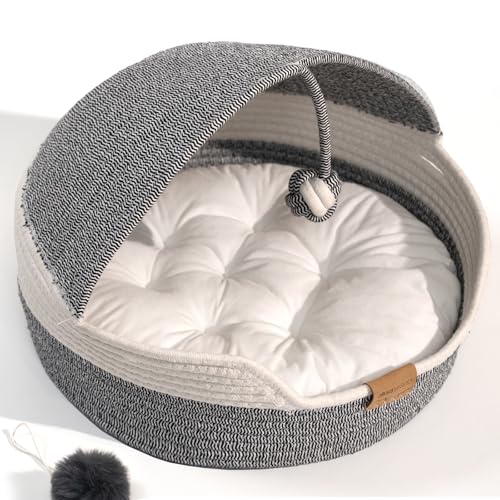 CHEERPALS Cat Basket Bed with Washable Cushion and Ball Rope Cotton, Covered Pet Bed for Indoor Cats Cave Bed Hooded, Stimulicat Cat Bed Handwoven Breathable, All Season Universal(Blue) - color: Blue