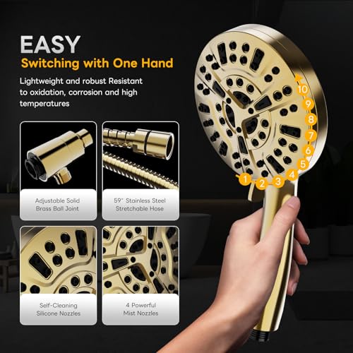 High Pressure 10 Ways Handheld Shower Head Brushed Gold- Anti-clog Nozzles, Built-in Power Wash to Clean Tub, Wall & Overhead Brackets,Magnetitc Rainfall Shower Wand,Built-in 2 Power Jet - color: Brushed Gold