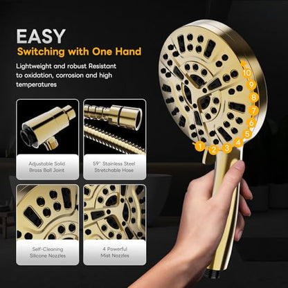 High Pressure 10 Ways Handheld Shower Head Brushed Gold- Anti-clog Nozzles, Built-in Power Wash to Clean Tub, Wall & Overhead Brackets,Magnetitc Rainfall Shower Wand,Built-in 2 Power Jet - color: Brushed Gold