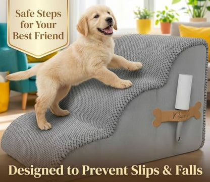 PAWZY Dog Stairs for Medium-Height Beds & Couches, 3-Step Foam Pet Steps 15.5” High for Small Dogs & Cats up to 60 lbs, Wide Non-Slip, Waterproof Washable Zipper Cover, No Assembly, Grey - size: 3 Step