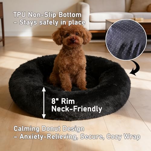Calming Donut Dog Beds Large Sized Dog - Washable Removable Cover Non-Slip, Round Pet Bed Warming Fluffy Plush Faux Fur Anti-Anxiety Thick Cushion, Fits up to 80 lbs (Black, 36") - color: Black, size: 36"L x 36"W x 8"Th