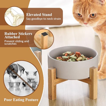 Elevated Ceramic Cat Bowl - Cat Food Bowl with Bamboo Stand - Raised Dog Dish for Puppies - Anti Vomiting, Stress Free - 13.5 oz / 400 ml - Pink - color: Pink, size: Small