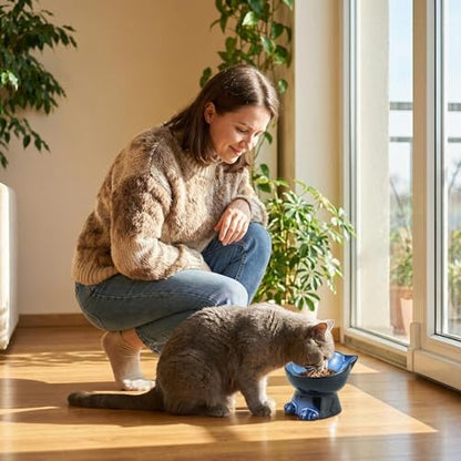 Nihow Slanted Elevated Cat Bowls: 6.25 Inch Ceramic Raised Cat Food Bowl for Protecting Pet's Spine - Microwave & Dishwasher Safe -Elegant Blue & Black (6.8 OZ /1 PC) - color: Blue & Black, size: 6.8 OZ
