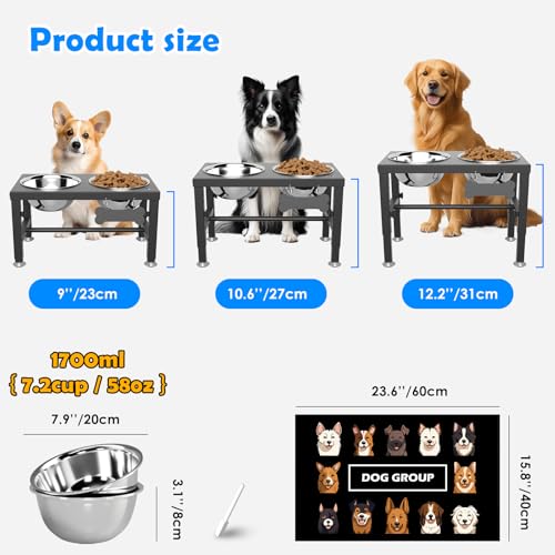 SHAINFUN Elevated Dog Bowls with Mat for Medium Large Dogs, Raised Dog Bowl Stand with 2 Stainless Steel 58oz Bowls, Tall Dogs Food Water Bowl Holder - color: Black-1.7L