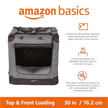 Amazon Basics Folding Portable Soft Pet Dog Crate Carrier Kennel with Fleece Pad, 30 x 21 x 21 inches, Grey - color: GREY, size: 30.0"L x 21.0"W x 21.0"H