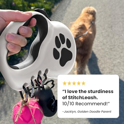 Award-Winning Retractable Dog Leash for Large and Extra Large Dogs (Max 110 lbs) Clip & Go System, Reflective Tape and Ergonomic Handle Includes Clips Poop Bag Holder and Dispenser, White - color: White, size: L/XL - Up to 110 Lbs