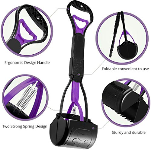 Pet Pooper Scooper, 24" Long Handle Portable Poop Scooper for Large and Small Dogs Cats, Foldable Dog Poop Pick Up Tool, Sturdy Garbage Rake Picker for Garden Backyard Grass Dirt Gravel (Purple) - color: Purple
