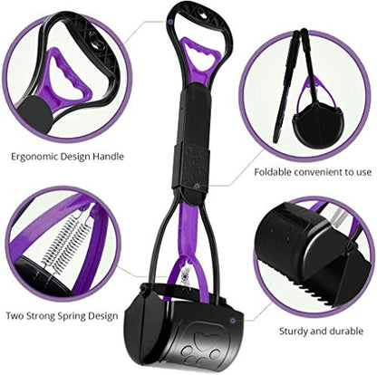 Pet Pooper Scooper, 24" Long Handle Portable Poop Scooper for Large and Small Dogs Cats, Foldable Dog Poop Pick Up Tool, Sturdy Garbage Rake Picker for Garden Backyard Grass Dirt Gravel (Purple) - color: Purple