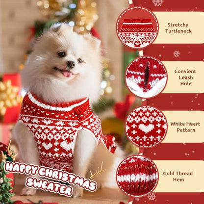 Dog Christmas Sweater Dress with Leash Hole Turtleneck Xmas Girl Dog Clothes Soft Pet Dogs Outfits Warm Fall Winter Puppy Knitted Pullover for Small Medium Dogs Cats（Red Heart,X-Small） - color: Red Heart, size: X-Small