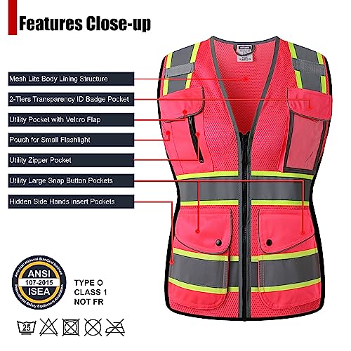 High Visibility Reflection Pink Mesh Safety Vests with 8 Pockets and Front Zipper, hi vis safety vest for Women, Meets ANSI/ISEA Standards(Pink-16,X-Large) - color: Pink, size: X-Large
