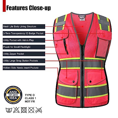 High Visibility Reflection Pink Mesh Safety Vests with 8 Pockets and Front Zipper, hi vis safety vest for Women, Meets ANSI/ISEA Standards(Pink-16,X-Large) - color: Pink, size: X-Large