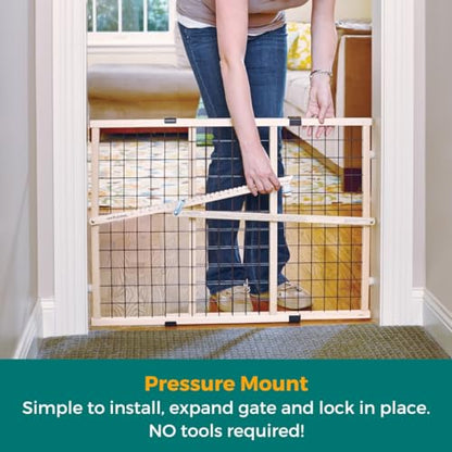 MYPET Wire Mesh Dog Gate: 26.5"-42" Wide Pressure Mounted with No Tools; Expandable, Durable Pet Gates for Doors and Hallways, 23" Tall, Made with Sustainable Hardwood - size: 26.5"-42" Wide, 23" Tall
