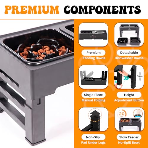 Elevated Dog Bowls with Collapsible Scoop, Slow Feeder Dog Bowls & No-Spill Water Bowl, Raised Dog Bowl Stand 4 Adjustable Heights for Small, Medium & Large Dogs - color: No-Spill Water Bowl & Slow Feeder Black
