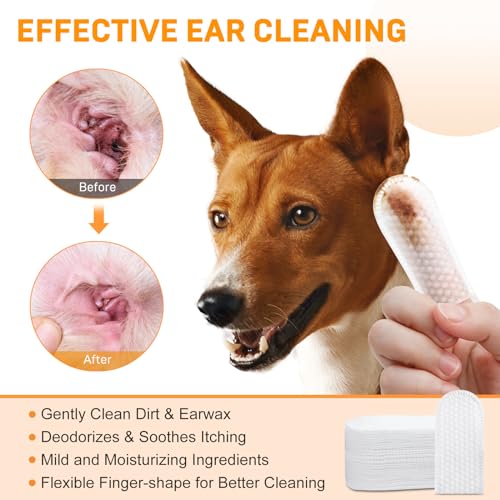 Ear Cleaner Finger Wipes for Dogs & Cats, Gently Clean Earwax & Dirt, Soothe Ear Itching, Easy to Use, Natural Pet Ear Wipe for Dog, Unscented, 100 Disposable Count
