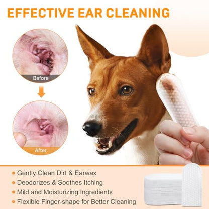 Ear Cleaner Finger Wipes for Dogs & Cats, Gently Clean Earwax & Dirt, Soothe Ear Itching, Easy to Use, Natural Pet Ear Wipe for Dog, Unscented, 100 Disposable Count