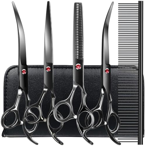 TINMARDA Dog Grooming Kit, Titanium Black Stainless Steel Dog Grooming Scissors with Curved Shears, Black Finger Rings - 5 Piece Sharp Durable Pet Shears for Dogs Cats At Home Salon-Quality Grooming - color: Black, size: 5 Piece