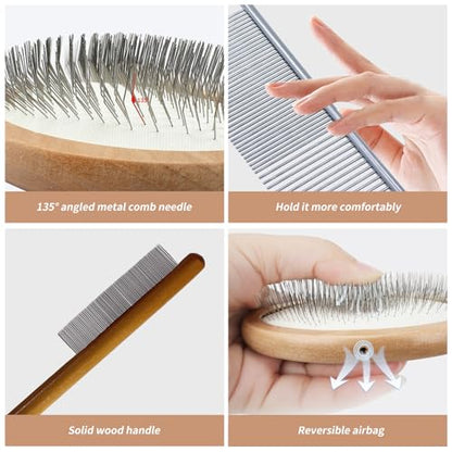 3 Pcs Slicker Brush for Doodle Dogs - Wooden Handle Grooming Comb Set for Goldendoodle, Labradoodle, Poodle - Detangling Tool for Wavy & Curly Hair, Mats & Tangles Removal (Small/Big Dogs & Cats)