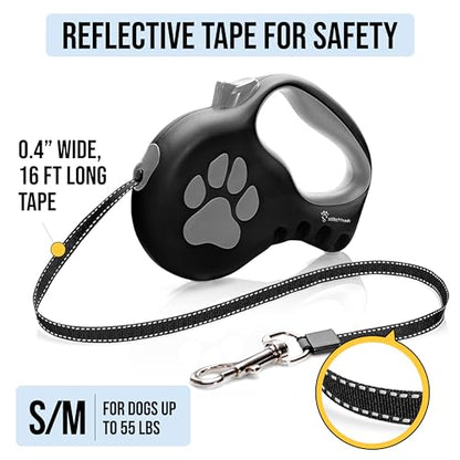 Retractable Dog Leash for Small & Medium Dogs (Up to 55lbs) - Customizable, Patented, Reflective Design, Ergonomic Handle, Includes Hooks & Poop Bag Holder & Dispenser - Black - color: Black, size: S/M - Up to 55 Lbs