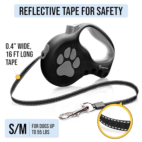Retractable Dog Leash for Small & Medium Dogs (Up to 55lbs) - Customizable, Patented, Reflective Design, Ergonomic Handle, Includes Hooks & Poop Bag Holder & Dispenser - Black - color: Black, size: S/M - Up to 55 Lbs
