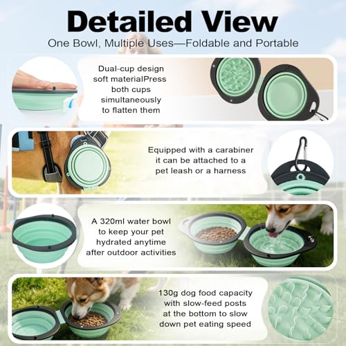 2-in-1 Green Collapsible Dog Bowls with Carabiner | Foldable Water Bowl(320ml) Foldable Slow Food Bowl(130g) for Dogs Cats Travel Hiking Camping - color: Green