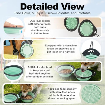 2-in-1 Green Collapsible Dog Bowls with Carabiner | Foldable Water Bowl(320ml) Foldable Slow Food Bowl(130g) for Dogs Cats Travel Hiking Camping - color: Green