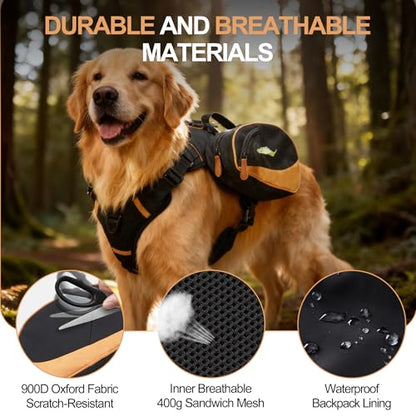 Dog Backpack Suitable for Medium to Large Dogs, Adjustable Lightweight Pet Harness, Built-in Poop Bag Dispenser, Waterproof and Safe, Suitable for Hiking, Puppy Training, Or Daily Walks, L