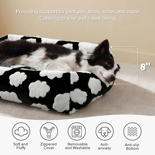 JOEJOY Medium Dog Bed Medium Size Dog, Rectangle Washable Orthopedic Pet Bed with Removable Zipper Cover, Cute Soft Calming Puppy Pet Bed with Jacquard Shaggy Plush & Non Skid Bottom - color: Cozy Clouds Black, size: M (30"x24"x8")
